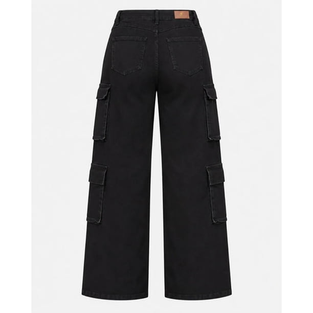 Pantalón Cargo Niña Negro Pierna Ancha Bolsillos Laterales