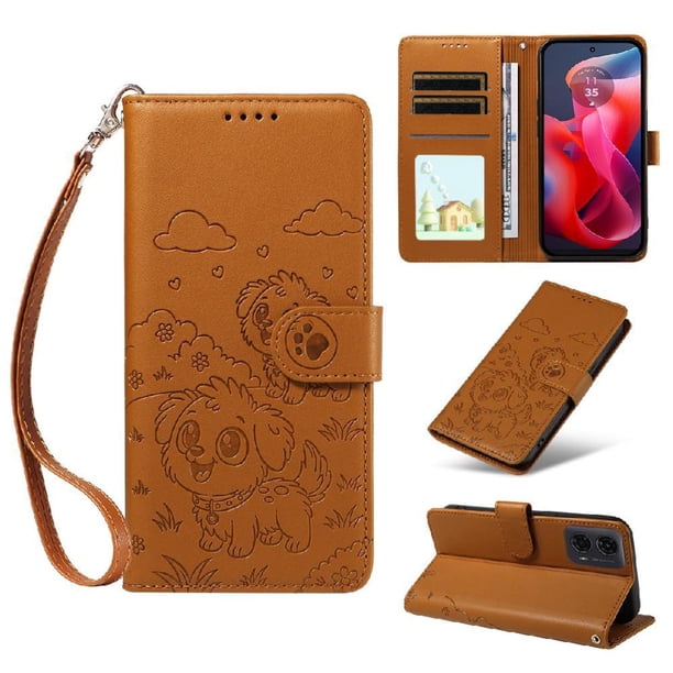 Funda Cartera para Motorola Moto E14 Perro Cachorro Grabado con Tarjetas Soporte Correa Marrón
