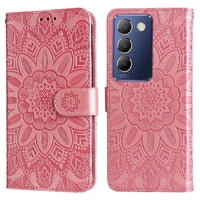 Funda Tipo Cartera Foxdock Para Vivo Y200E 5G , Diseño Girasol En Relieve, Cuero Pu, Cierre Magnético, Soporte Y Tarjetero