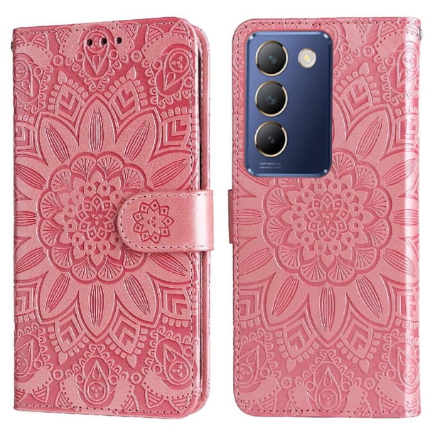 Funda tipo cartera FOXDOCK para Vivo Y200E 5G , diseño girasol en relieve, cuero PU, cierre magnético, soporte y tarjetero