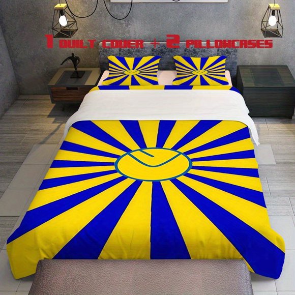 3pcs Yellow and Blue Striped Sun Design Themed Print Bedding Set with Soft Duvet Cover and Two Pillowcases Suitable for All Seasons