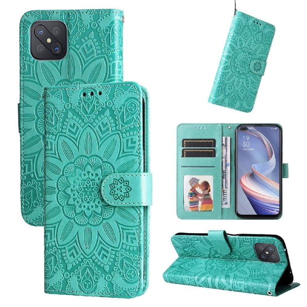 Funda tipo cartera FOXDOCK para OPPO Reno4Z 5G , diseño girasol en relieve, cuero PU, cierre magnético, soporte y tarjetero