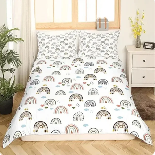 Rainbow Double Duvet Cover Set for Girl Pink Yellow Rainbow Star Duvet Cover Women Kids Bedroom Decor Bed Sheets