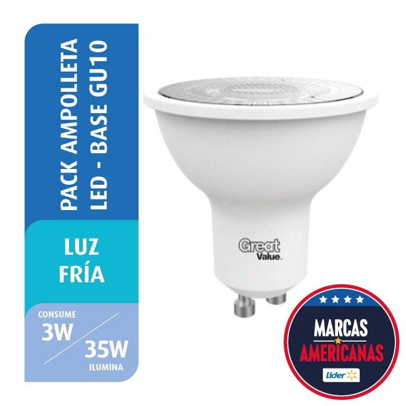 Great Value - Pack 3 Ampolletas Led 3W Luz Fría Base Gu10