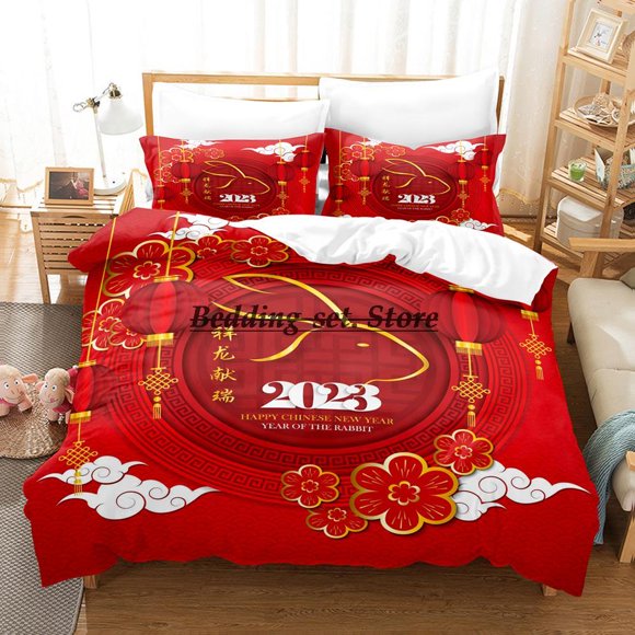 Year Red Chinese Zodiac Rabbit Bedding Set Bed Set Aldult Kid Bedroom Duvetcover Sets
