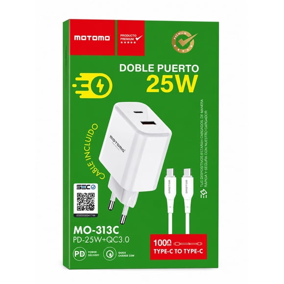 Cargado Pared Doble Puerto Usb-c/usb-a 25w Motomo Mo-313c