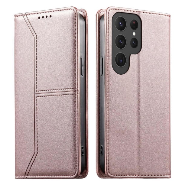Funda tipo cartera con bloqueo RFID para Samsung Galaxy S22 Ultra cubierta magnética de cuero con tapa y soporte Rosa