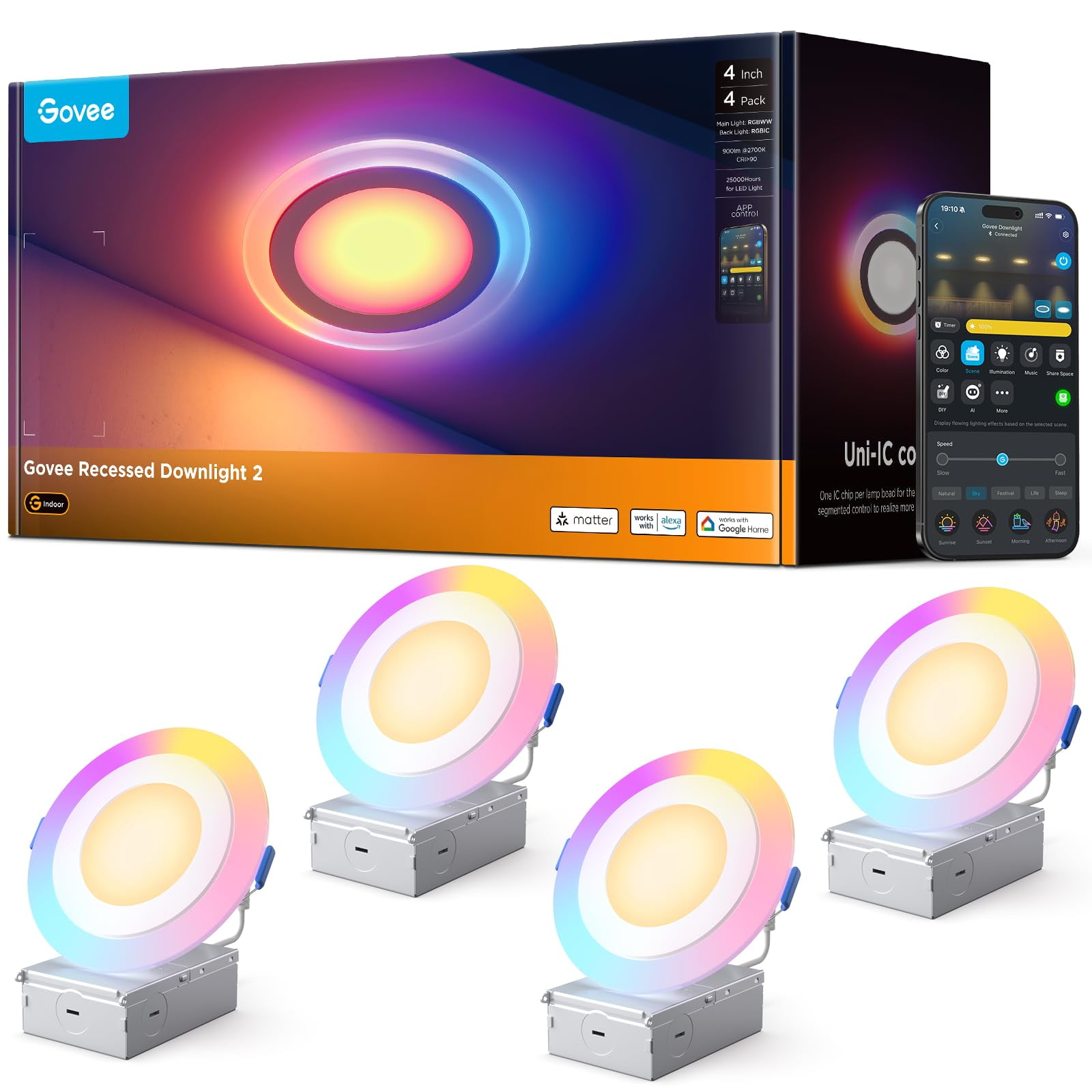 Iluminación Empotrada Inteligente Govee Led Rgbic De 10 Cm, 900 Lúmenes, 2700 K, 6500 K