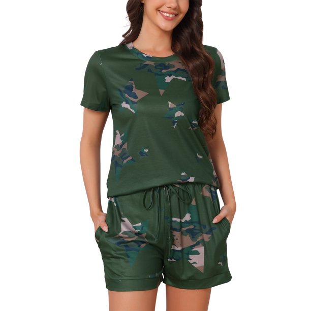 INSPIRE CHIC Conjunto de Pijama para Mujer de 2 Piezas con Bolsillos, Mangas Cortas, Conjunto de Ropa de Estar en Casa, Camiseta y Pantalones, Talla L, Verde