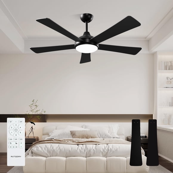 Ventilador de techo Autoday 52" negro con luz LED y control remoto, 5 palas