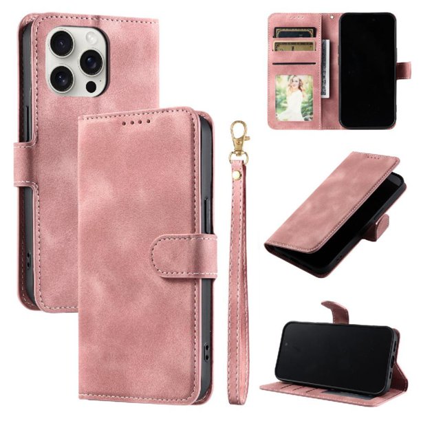 Funda Cartera para iPhone 14 Pro Max Tapa con Ranuras, Soporte y Correa Rosa