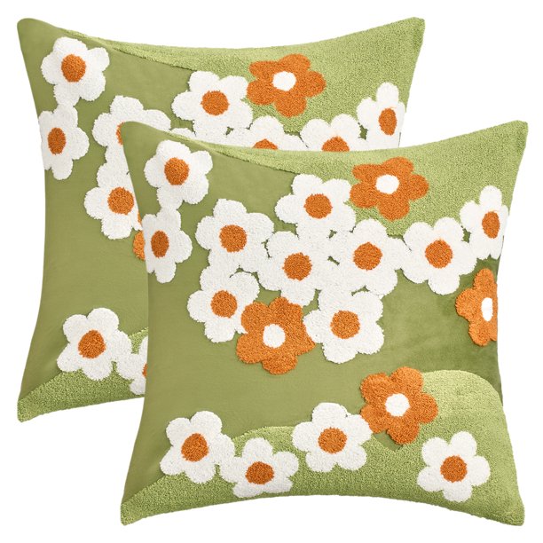 REGALWOVEN Paquete de 2 Fundas de Cojín Decorativas Suaves de Terciopelo Bordado con Flores Fundas de Almohada de Estilo Rústico para Sofá Dormitorio Coche Verde 18" x 18"