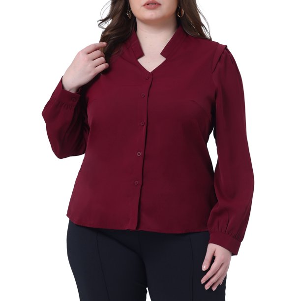 Agnes Orinda Camisas Casual Elegantes para Mujer de Talla Grande con Botones y Cuello en V, Manga Larga para Oficina y Trabajo, Talla 1X, Color Burdeos