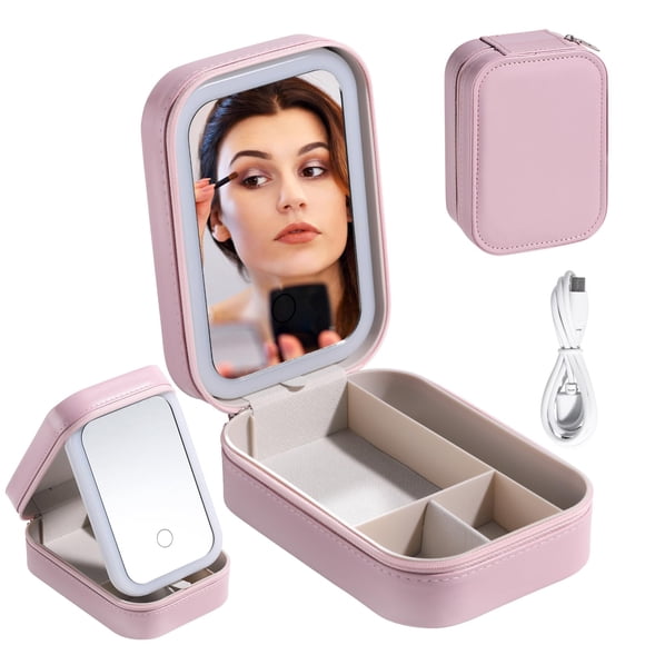 Funda para espejo de maquillaje BS-MALL Travel con LED rosa claro