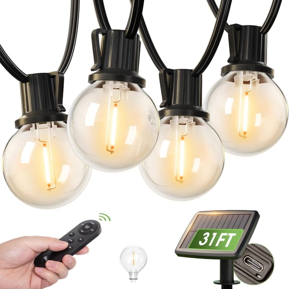 Cadena de luces solares adicionales de 31 pies, 13 bombillas G40, control remoto IP65