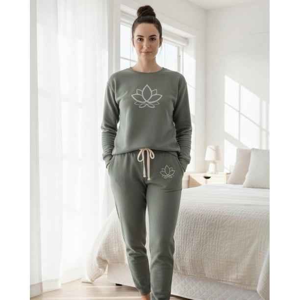 Pijama Franela Mujer Estampado Flor de Loto Verde verde XL