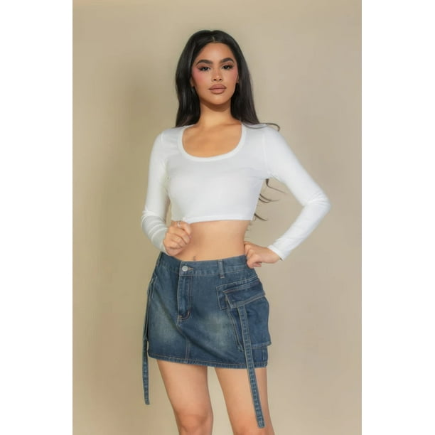 Saronite Camiseta Corta de Manga Larga con Cuello Cuadrado y Canalé Liso, Blanca (para Mujer)
