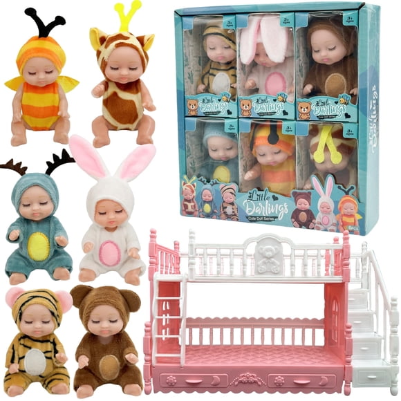 Minimuñecas Swanky Style, 6 unidades, con trajes de animales y litera