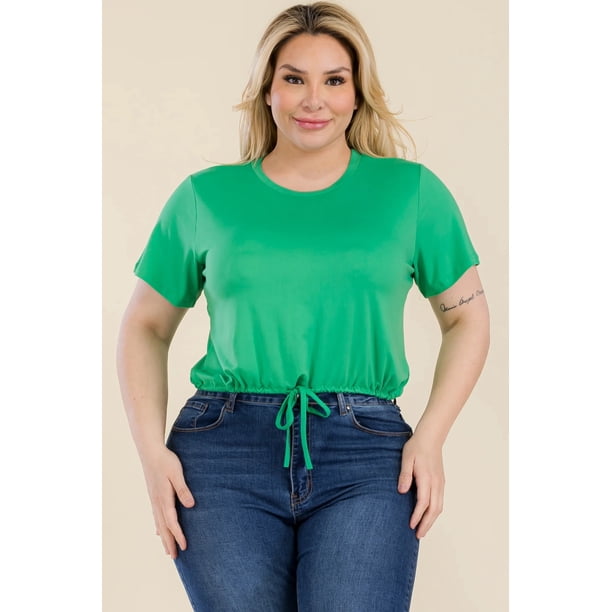 Saronite Top Corto Básico de Manga Corta con Lazo Frontal, Verde Kelly (Talla Grande para Mujer)