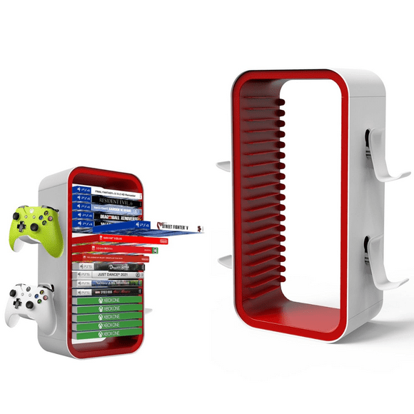 15.8 In Game Storage Tower Compatible With PS5/ Xbox Series S & X/ Switch, Universal Video Game Disc Organizer 18 In 1 With 4 Controller Brackets, Game Disk Box Bracket-Blanco/Rojo