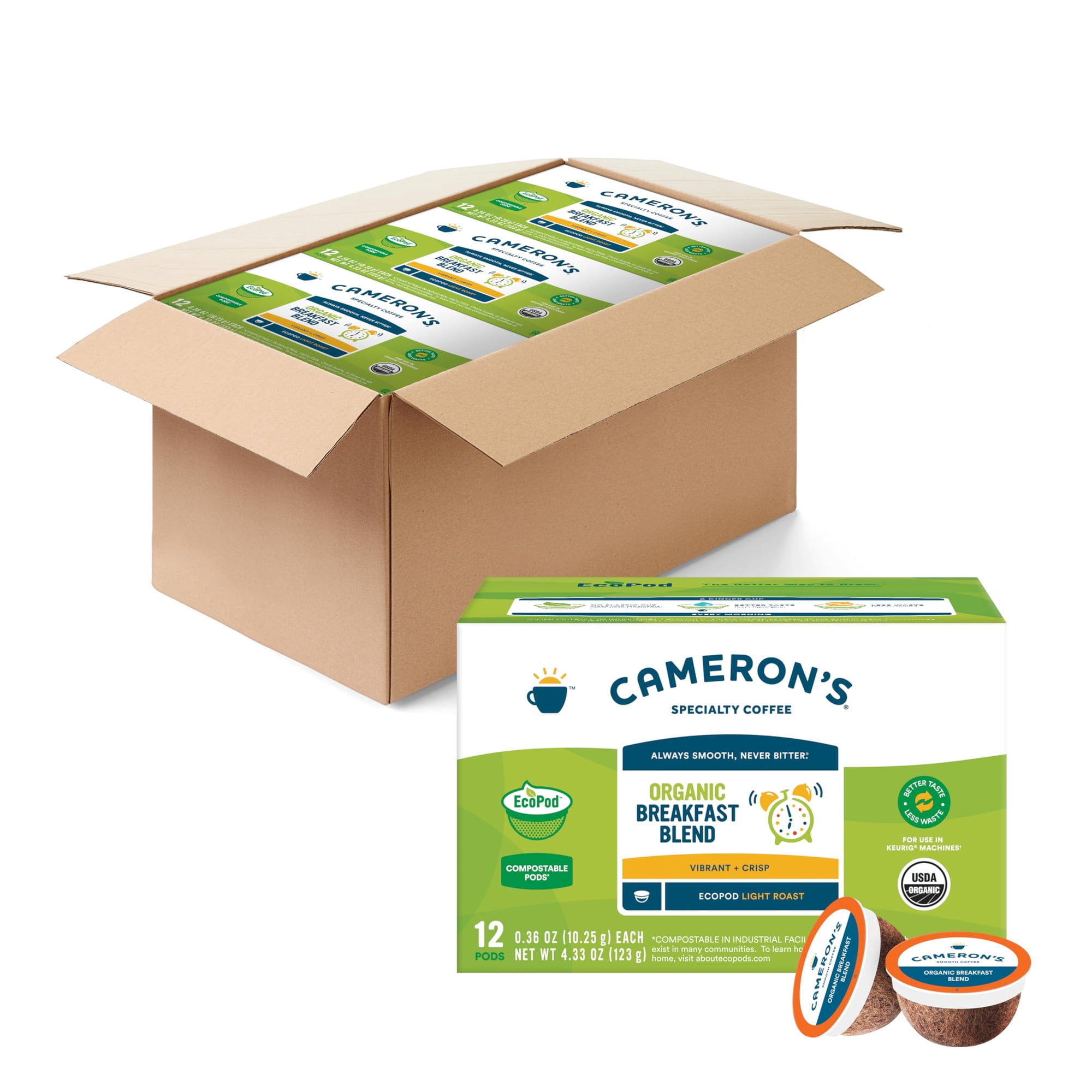 Coffee Pods, Mezcla Orgánica Para Desayuno Cameron's Coffee, 12 X 4.33 Oz