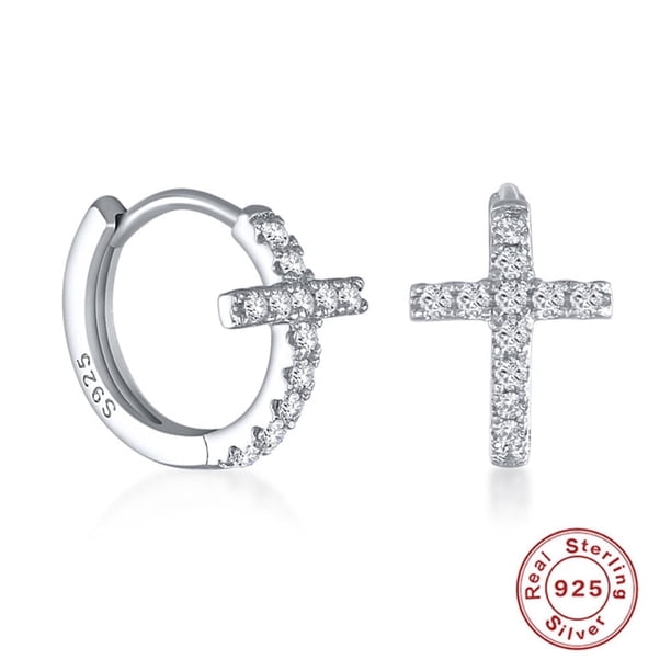 Aretes HESHPAWS S925 Sterling Silver Cross Diamantados Plata
