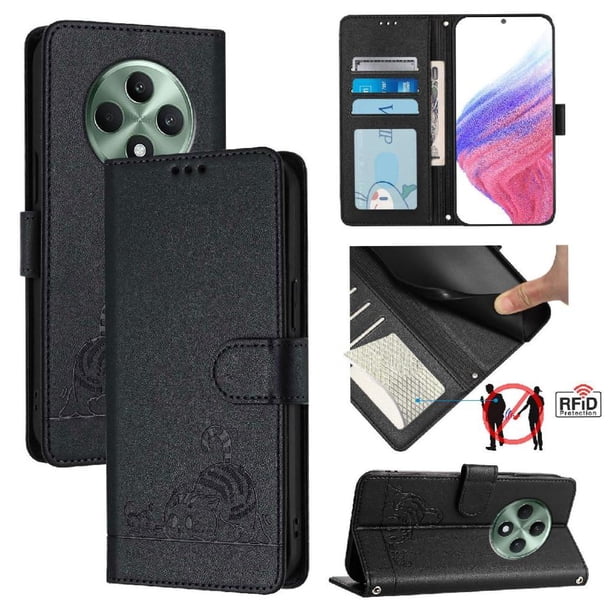 Funda tipo cartera FOXDOCK para OPPO Reno 12F con soporte, ranuras, RFID, diseño de gato