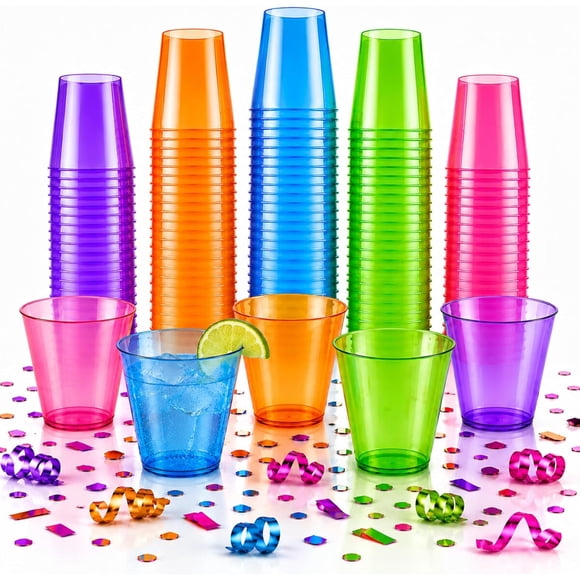 Set de 100 vasos plásticos neon para shots, 1 oz
