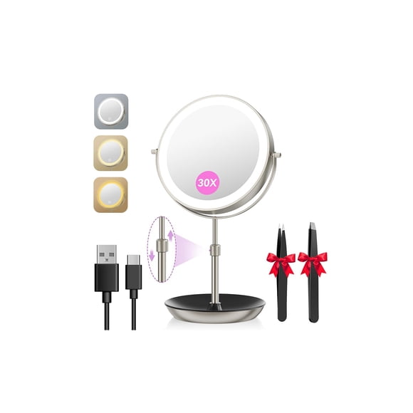 Auxmir Espejo de Maquillaje Iluminado de 9" con 1X/30X, Espejo de Aumento Recargable