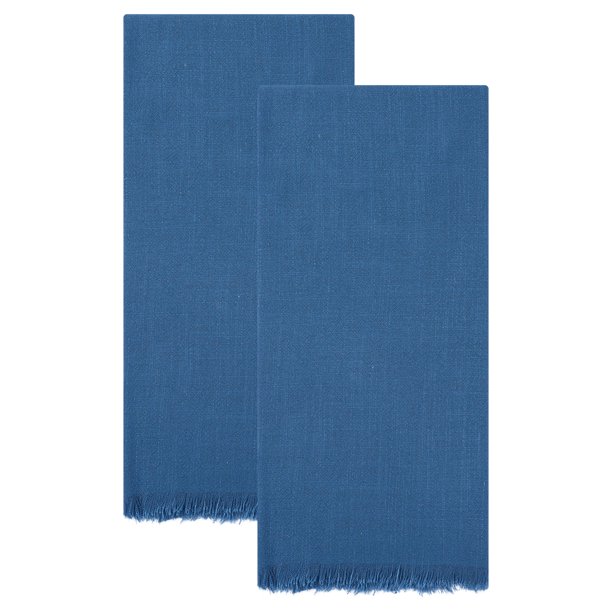 REGALWOVEN Paquete de 2 Toallas de Cocina de Algodón y Lino, Toallas de Plato con Flecos de Color Sólido, Toallas de Mano Suaves y Absorbentes Azul 18" x 18"