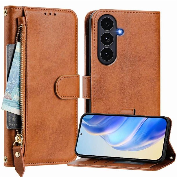 Funda Billetera Cremallera para Samsung Galaxy S25 FE con Porta Tarjetas, Soporte y Correa Marrón