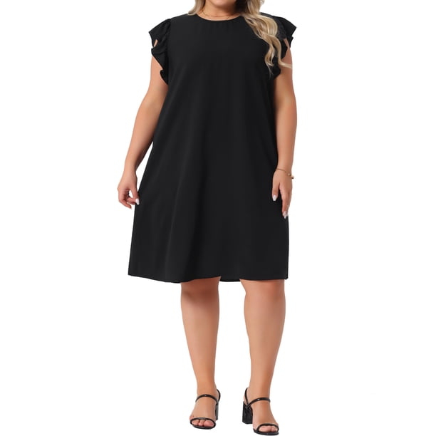 Agnes Orinda Vestidos de Verano para Mujeres Tallas Grandes de Escuela y Universidad, Manga Volante, Cuello Redondo, Casual de Playa, Midi, 1X Negro