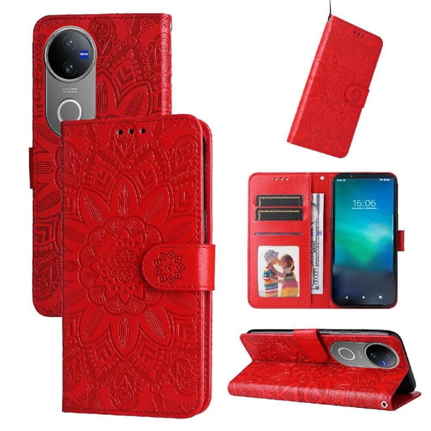 Funda tipo cartera FOXDOCK para Vivo V50 , diseño girasol en relieve, cuero PU, cierre magnético, soporte y tarjetero