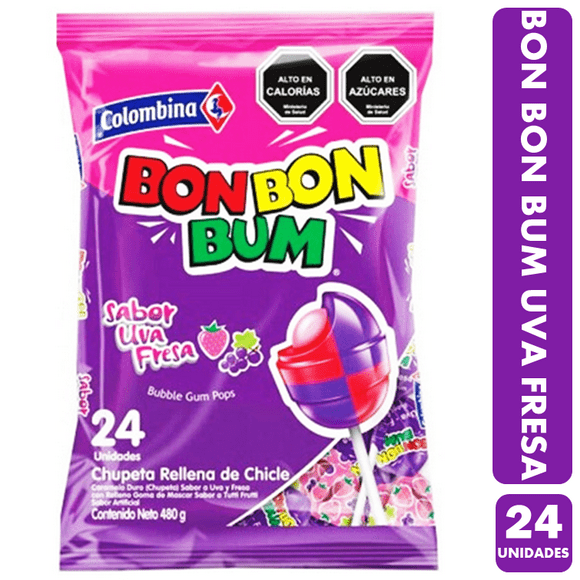 Caramelo Bon Bon Bum Uva Fresa (bolsa Con 24 Unidades)