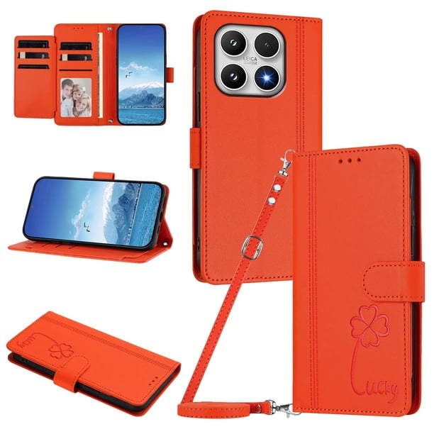 Funda Cartera Trébol para Xiaomi 17 con Ranuras Tarjetas y Carga Inalámbrica Naranja