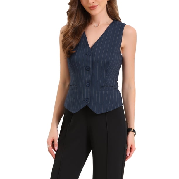 Chaleco a Rayas sin Mangas con Escote en V y Botones para Mujer de INSPIRE CHIC con Cinturón Trasero para Trabajo y Casual XL Azul Oscuro