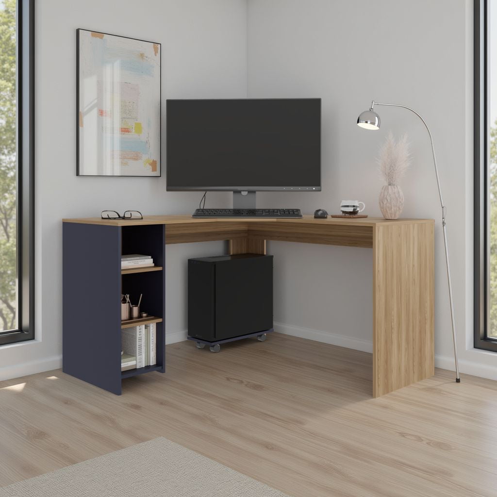 Tuhome - Escritorio En L Baggio Fresno Y Kronos Azul 76,5x130x130 Cm