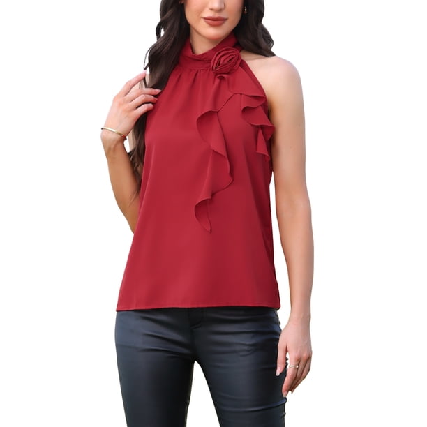 Top de cuello halter FAB CURVES para mujer Blusa casual elegante sin mangas con flores 3D S Rojo