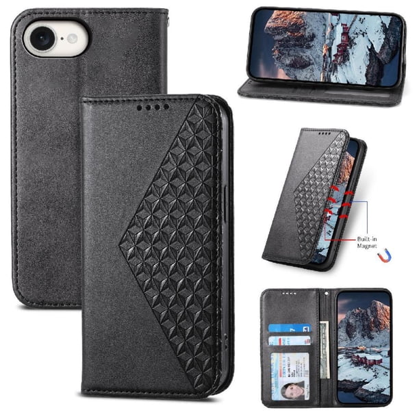 Funda Flip FOXDOCK para iPhone SE 2024 , Estilo Billetera con Diseño Rombo, Correa de Mano y Soporte, Uso Diario