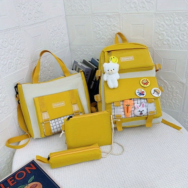 4pcs/set Simple Casual School Bag With Badges, Casual Canvas Backpack Tote Bag