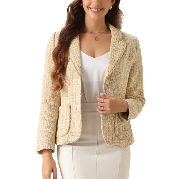 Blazer de Tweed para Mujer con Solapa de Muesca, Manga Larga, Otoño Invierno, Chaqueta Elegante de Negocios Casual L Albaricoque