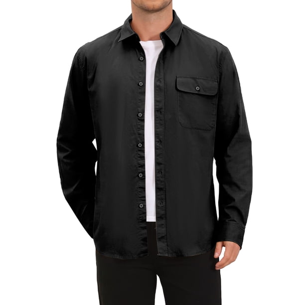 INSPIRE CHIC Camisas de Hombre Manga Larga Bolsillo en el Pecho Color Sólido Camisa Casual Chaqueta XL Negro