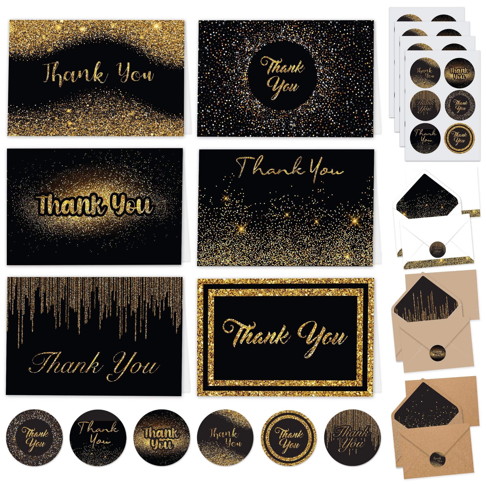 Decorably - Tarjetas De Agradecimiento Decorativas Con Purpurina Negra Y Dorada, Paquete De 24 Con Sobres
