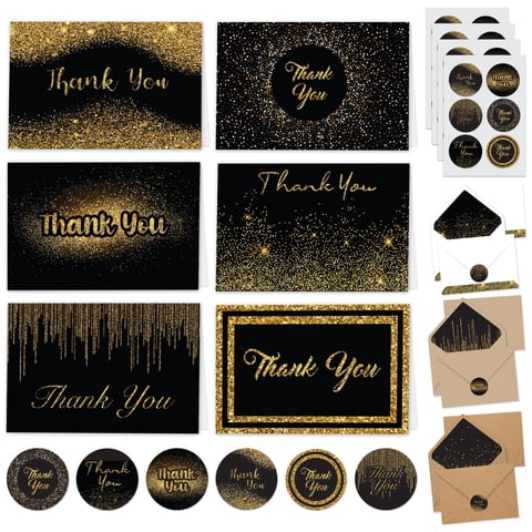 Decorably - Tarjetas De Agradecimiento Decorativas Con Purpurina Negra Y Dorada, Paquete De 24 Con Sobres