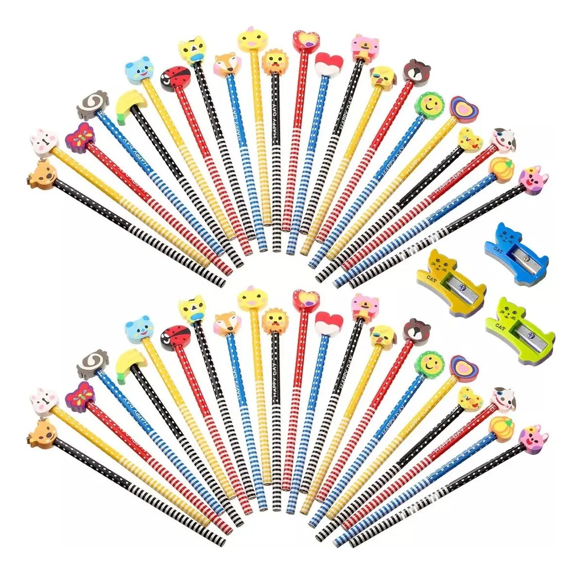 Genérica - Set 60 Lápices Con 3 Sacapuntas Diferentes Diseños Animados