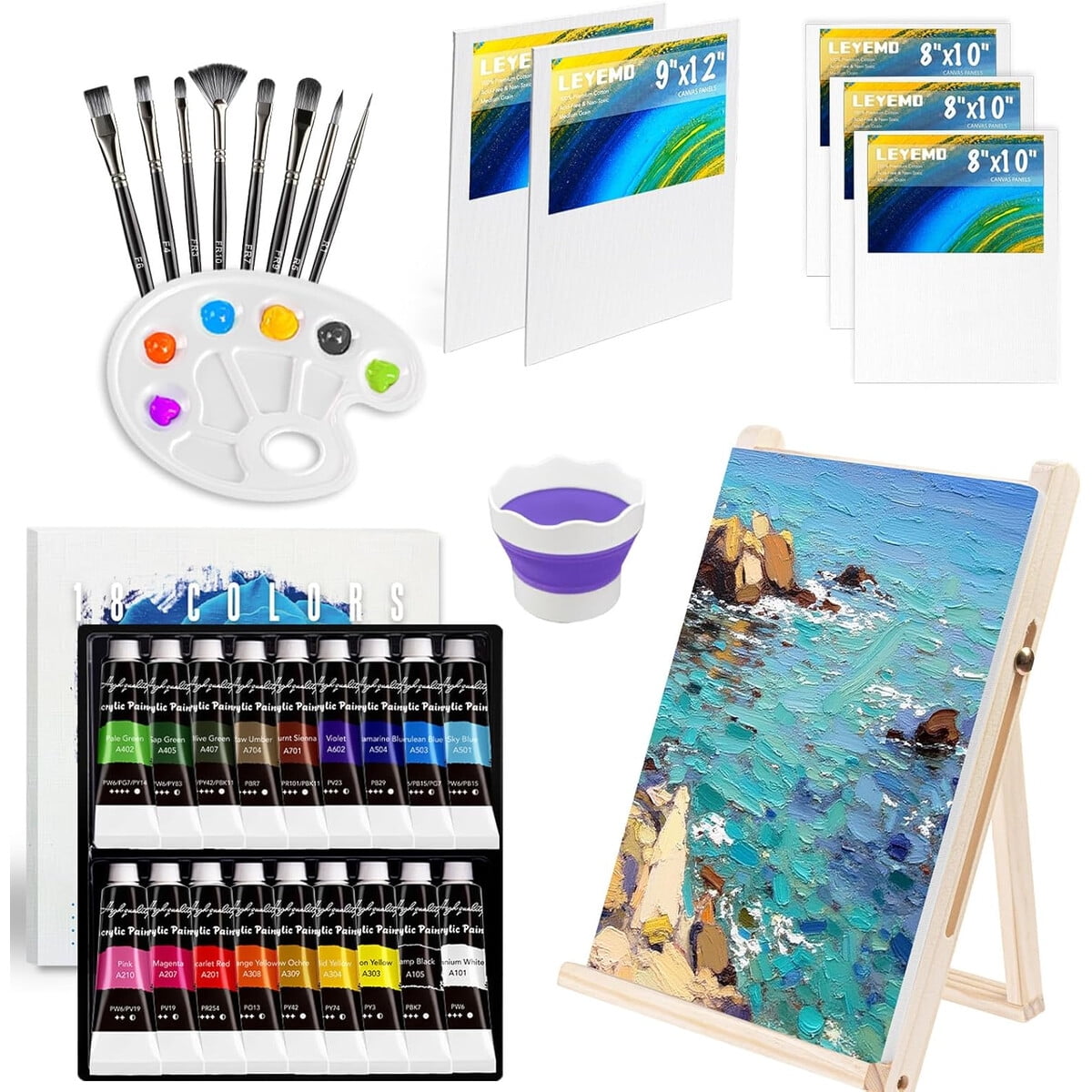 Set Pintura Acrílica Leyemo 18 Colores Con Caballete Y Lienzo