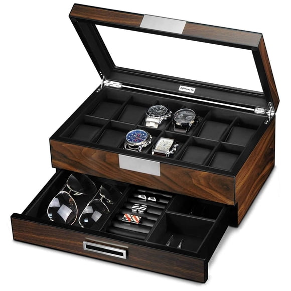 Caja de relojes Lifemenz Co de nogal con vidrio y 12 compartimentos