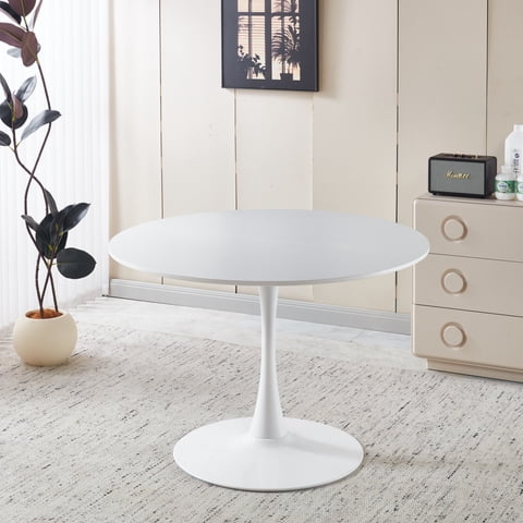 M&Ms - 42.1"" White Color Top Tulip Table, Mid-Century Dining Table For 4-6 People - Round Mdf Table Top (The Tabletop Consists Of Two Panels), Pedestal Dining Table, End Table & Leisure Coffee Table
