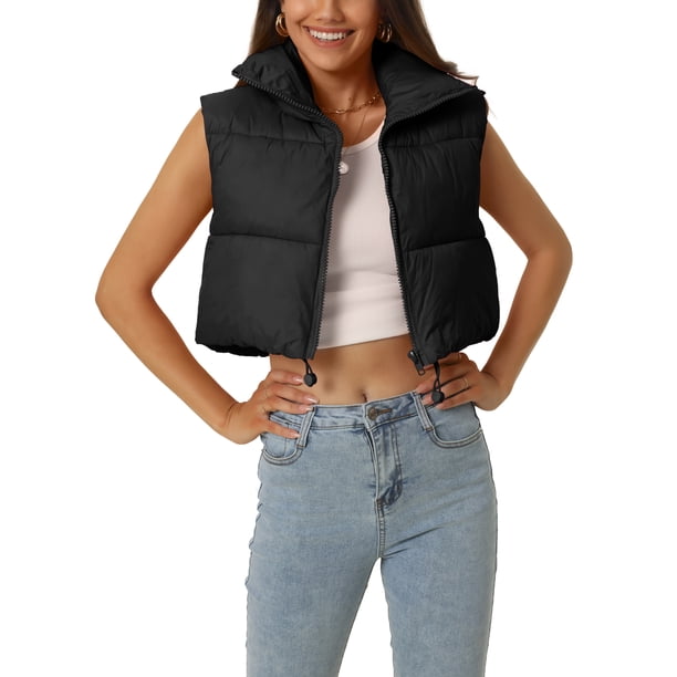 Chaleco Acolchado para Mujer INSPIRE CHIC Cuello Alto Ligero Cremallera Chaqueta Recortada Chaleco Puffer M Negro