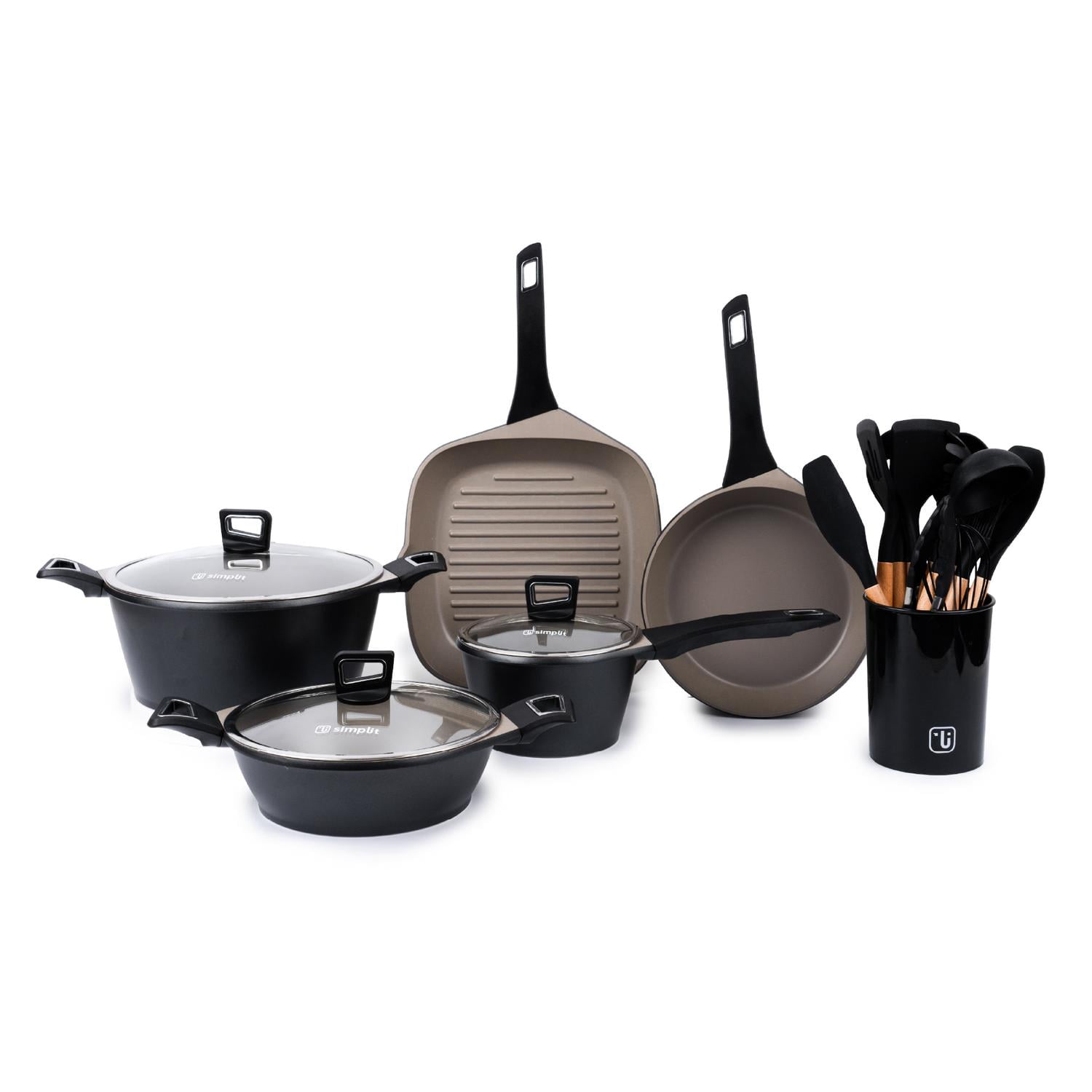 Kit Batería Cocina 8 Pza + Set 12 Utensilios Simplit Negro